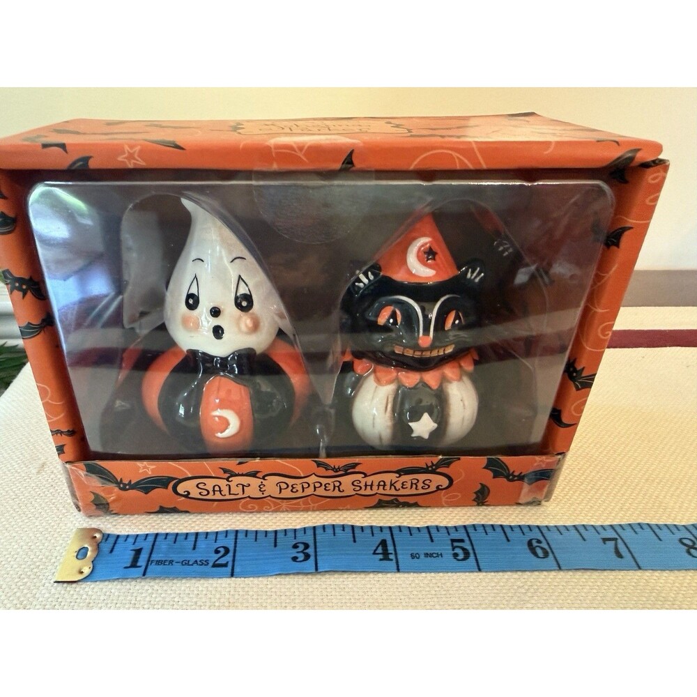 Johanna Parker Designs Halloween Salt and Pepper Shakers Black Cat & Ghost NIB